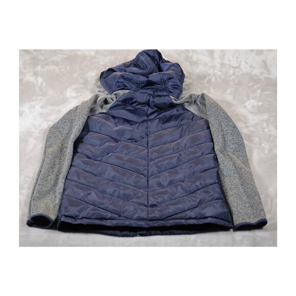 US Polo Assn Jacket Womens Small Blue Gray Hooded Faux Fur Zip Knit Sleeves Warm - Picture 2 of 7